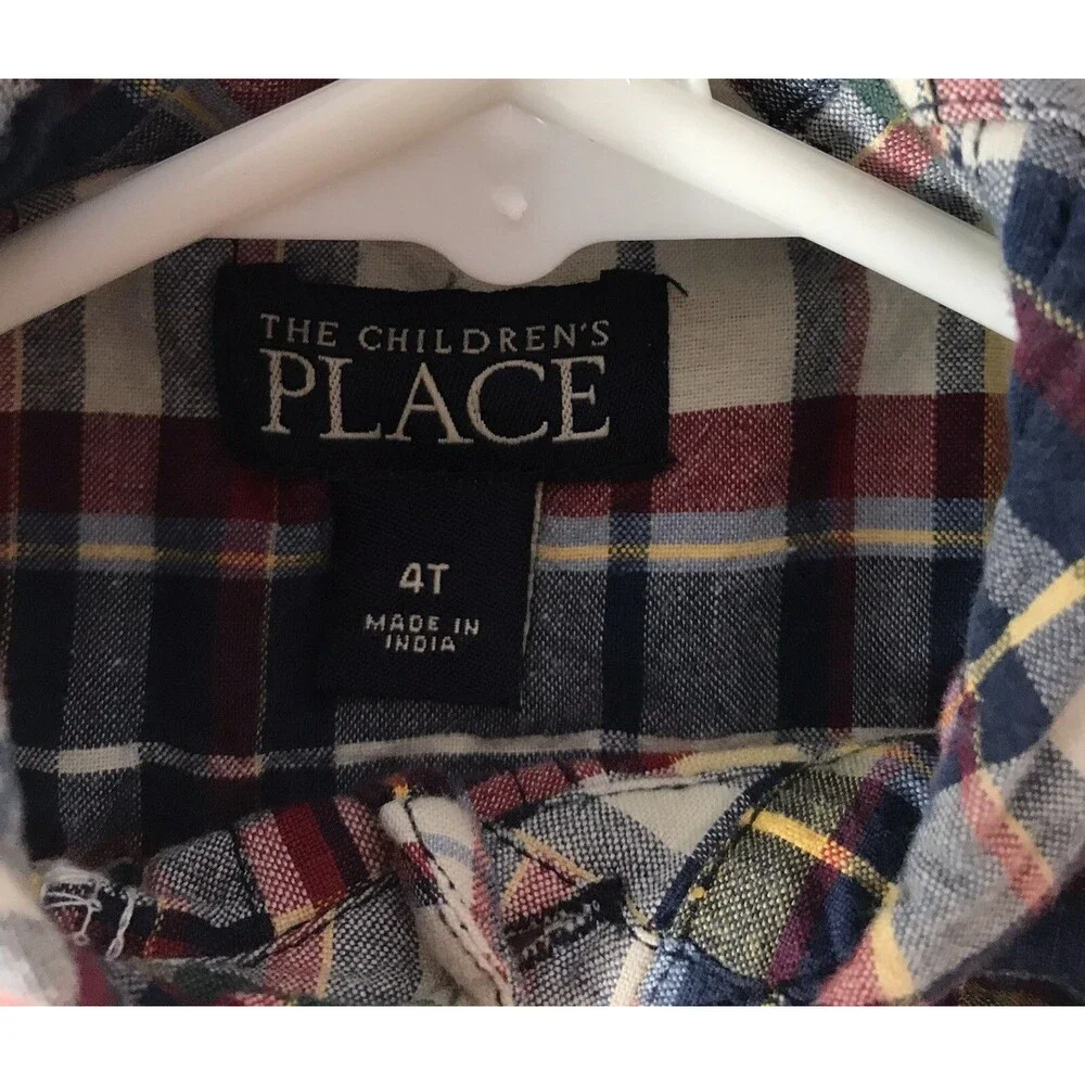The Childrens Place Boys Madras Patchwork Short Sleeve Shirt Button Down Size 4T